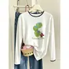 Camiseta de manga larga con cuello redondo, estilo commuter moderno, tipo dos piezas, para mujer, de algodón puro, en blanco, estilo coreano, simple, casual y versátil.
