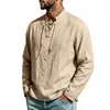 Camisa de lino para hombre de manga larga para primavera y otoño, con cuello mao y diseño de corbata cruzada, camisa casual tipo pullover para hombre