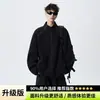 Moletom cardigã de tricô preto pesado com gola alta para homens, marca trendy de outono para o dia a dia, jaqueta clean e ajustada, peça de outer wear versátil para casais