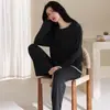Pijama Listrado de Algodão Modal com Costelas e Mangas Longas para Mulheres, Conjunto de Gola Redonda Listrado, Roupas de Casa Soltas e Confortáveis de Cor Sólida para Primavera e Outono