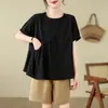 Moda Feminina 2026 Estilo Coreano Nova Moda Pulôver Gola Redonda Franzido Tamanho Grande Cor Sólida Simples Moda Manga Curta