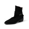 Botas Chelsea Curtas de Couro Genuíno Estilo Britânico para Afinar e Modelar as Pernas, Camurça de Ovelha, Salto Médio Grosso, Fivela com Cinto, Bico Quadrado, Inverno 2025