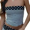 Top sin mangas tipo tank top sexy estilo europeo y americano, con estampado de lunares y rayas hawaianas, escote Bardot, corte corto ajustado y abdomen al descubierto
