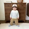 Conjunto de cárdigan a rayas azules y blancas para bebé de primavera y otoño, conjunto de dos piezas de punto y overol para niños y niñas, ropa para salir de bebé