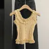 Chaleco de Punto con Volantes, Cuello Redondo, de un Solo Pecho, sin Mangas para Mujer, Estilo Coreano de Verano, Versátil, Delgado, Corto, Camisola, Negro