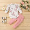Roupa Infantil Comércio Exterior Nova Blusa com Mangas Volumosas Estampada para Menina + Conjunto Longo