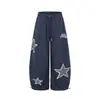 Calça Casual de Tecido Estampado Wide Leg Sazonal para Mulheres Verão Bordado de Letras Solta Retro Bolinhas Calça Reta