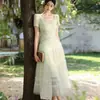 Vestido Largo de Malla con Lentejuelas Cuadrado Verde Claro Manga Corta Cintura Ceñida Dobladillo Ancho Estilo Hada del Bosque para Mujer 45616