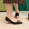Elegantes Zapatos de Boda Nupciales de Satén Punta Puntiaguda Zapatos de Tacón Medio con Pedrería Zapatos de Mujer para Desplazarse Boca Baja Hebilla Cuadrada Tacón Grueso Slip-on