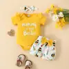 Amazon Bebê Manga Curta Triângulo Hassel Conjunto de Shorts Top de Verão Alfabeto para Bebê Menina Calça Adorável com Cinto de Flores