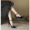 Sapatos Femininos de Tira Única 2026 Novo Estilo Elegante Bico Fino Salto Fino Ultra Alto Confortável Impermeável Plataforma Salto Alto Couro Envernizado