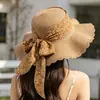 Sombrero de Paja de Verano para Mujer con Estampado Floral Pequeño, Lazo, Ala Ancha, Encaje, Borde Ondulado, Protección Solar, Sombrero Tejido de Paja Fina