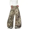 Jeans camuflado com bordado de letra estilo rua americano transfronteiriço, galhos, para homens e mulheres, calça wide leg de design nicho atacado