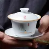 Porcelana Azul e Branca Sancai Tigela Logo Personalizado Kung Fu Conjunto de Chá Tigela de Chá Cerâmica Gravação a Laser Dourado Personalizado Privado