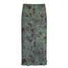 Falda Larga Bodycon Estampada Retro Estilo Americano de Cintura Alta en Verde Lago para un Look Juvenil, Favorecedora y Versátil