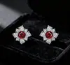 Pendientes de Flor de Circonita Roja Retro Franceses para Mujer, Exquisitos Pendientes Brillantes de Diamante, Elegantes, Modernos, Lujo Accesible y Pendientes de Alta Gama