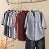 Camisa Japonesa de Gasa de Algodón de Doble Capa de Manga Tres Cuartos para Mujer Verano Retro Literaria Cuello en V Slim Rayas Verticales Top de Algodón Versátil