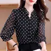 Blusa de Gasa con Volantes, Cuello en V, Estampado Floral y Mangas Tres Cuartos para Mujer Talla Grande, Nuevo Top Elegante y Versátil para Verano y Otoño