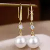 Pendientes de Perla Incrustados con Diamantes de Venta Caliente Transfronterizos, Largos, Suaves, Hermosos, Pendientes Estilo Celebridad de Internet, Ganchos para Orejas de Marca de Moda Versátiles y Modernos