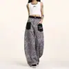 Jeans Retro de Calle Americana con Estampado de Leopardo y Bolsillo de Parche Unisex Sueltos de Calle Pierna Ancha Corte Tijera Casual Pantalones Largos
