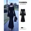 Vestido longo preto elegante estilo senhora madura para mulheres, estação outono, saia sereia, manga longa, corte justo, vestido colado ao corpo