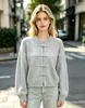 Cárdigan de Punto con Botón de Rana Chino - Cárdigan de Punto de Manga Larga con Cuello Redondo de Color Sólido para Mujer
