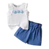Roupas para Meninas 4-7A Conjunto de Verão com Top Sem Mangas Floral Tridimensional + Shorts