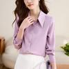 Camisa feminina de manga comprida de cetim roxo acetato moda início da primavera estilo ocidental OL comutador simples brilhante
