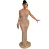 C6198 Aliexpress Amazon Moda Europea y Americana para Mujer Color Sólido Malla Transparente Pedrería Manga Larga Vestido Largo