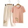 Conjunto de duas peças estiloso para mãe, verão, mulheres de meia-idade e idosas, tamanho grande, camiseta de algodão e linho, top esportivo casual, conjunto de manga curta