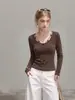 Camiseta feminina de manga longa com amarração estilo Maillard, decote em U vazado, para outono, peça íntima estilosa e que valoriza a silhueta