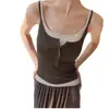 Camisola de modal con bloques de color, botones al frente, con copas, corte ajustado, adelgazante, de doble tirante, efecto dos piezas, capa base para mujer