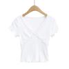 2502-25 Primavera Nuevo Estilo Europeo y Americano Chica Dulce Sexy Cuello en V Cruz Encaje Hongo Manga Corta Casual Camiseta Corta