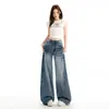 Jeans Anchos Azules con Remaches Estilo Retro Americano para Mujer 2025 Otoño Nuevo Estilo Desgastados Calle Holgados Rectos