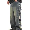 Jeans Vintage de Rua Largos e Soltos para Homens, Calças Retas Soltas com Rasgos Falsos Estilo Americano