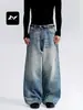 Jeans de pierna ancha color azul lavado estilo americano para hombres y mujeres, pantalones casuales rectos holgados simples retro con bigotes de gato tridimensionales
