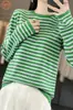 Blusas femininas para primavera e outono, malha de algodão lisa, manga longa feminina gola redonda listrada de manga longa, atacado de comércio exterior