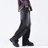 Pantalones de mezclilla negros y grises lavados y desgastados de estilo retro americano de alta gama, unisex, corte holgado, pierna recta, pantalones de pierna ancha fluidos