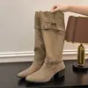 Botas altas retro con hebilla y tacón grueso para mujer 2026, botas adelgazantes hasta la rodilla, botas de punta con volantes