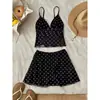 Conjunto de Dos Piezas de Malla Retro de Lunares Estilo Coreano Sexy con Tirantes Falda Corta de Cintura Alta Adelgazante Atuendo Casual de Vacaciones Puro Deseo para Mujer Moderno