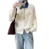 Blusa de malha com lapela, mangas compridas, jeans emendado com zíper duplo, design consciente, para mulheres, outono/inverno, nicho, rejuvenescedora, solta, estilosa