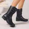 Comercio Exterior Estilo Europeo y Americano Talla Grande Botas Vaqueras Occidentales de Media Pantorrilla para Mujer Nueva Moda Cadena Remache Tacón Grueso Botas de Jinete Deseo