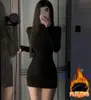 Vestido Bodycon Preto para Mulheres, Outono e Inverno, Forrado com Lã, Gola Meio Alta, Camada Interna de Casaco, Vestido Base, Estilo Hot Girl, Saia Curta de Tricô