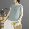 Chaleco de algodón y lino literario retro de longitud media para mujer, con amarre, para llevar debajo o como prenda exterior, adelgazante, holgado, de color liso, top tipo camisola