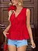Chaleco sin mangas bordado calado estilo bohemio europeo y americano transfronterizo de Amazon para mujer, top babydoll con cuello en V y doble lazo fruncido