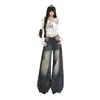 Jeans de mezclilla retro americanos desgastados para mujer, pantalones largos nuevos de pierna recta ancha acampanados, pantalones largos azules, longitud extendida azul