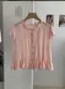 Kekezoon Blusa Top Renda Transparente Manga Curta Gola Redonda Com Babados Single-Breasted 8320