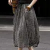 Verano 2026 Nuevo Estilo Retro Cuadros Algodón y Lino Holgado Falda Linterna Cintura Elástica Falda Media Falda Botón de Flor