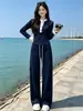 Traje deportivo casual a la moda para mujer, estilo coreano de otoño, conjunto de dos piezas de top corto ajustado de alta gama y pantalones de pierna ancha