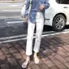 Jeans feminino de cor sólida com tubo reto de nove pontos, outono 2024, novo, cintura alta, calça de tubo pequena estilo French stick, oito pontos